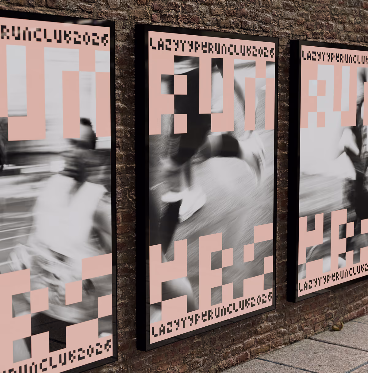 A LazyType Mockup showing a three framed posters with pixelated pink text and blurred black and white images on a brick wall.