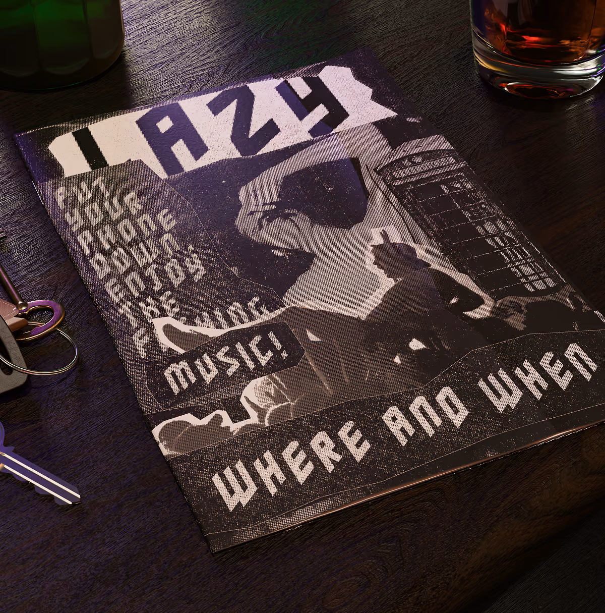 A LazyType Mockup showing a monochrome zine on table with text urging the reader to put phone down and enjoy music.