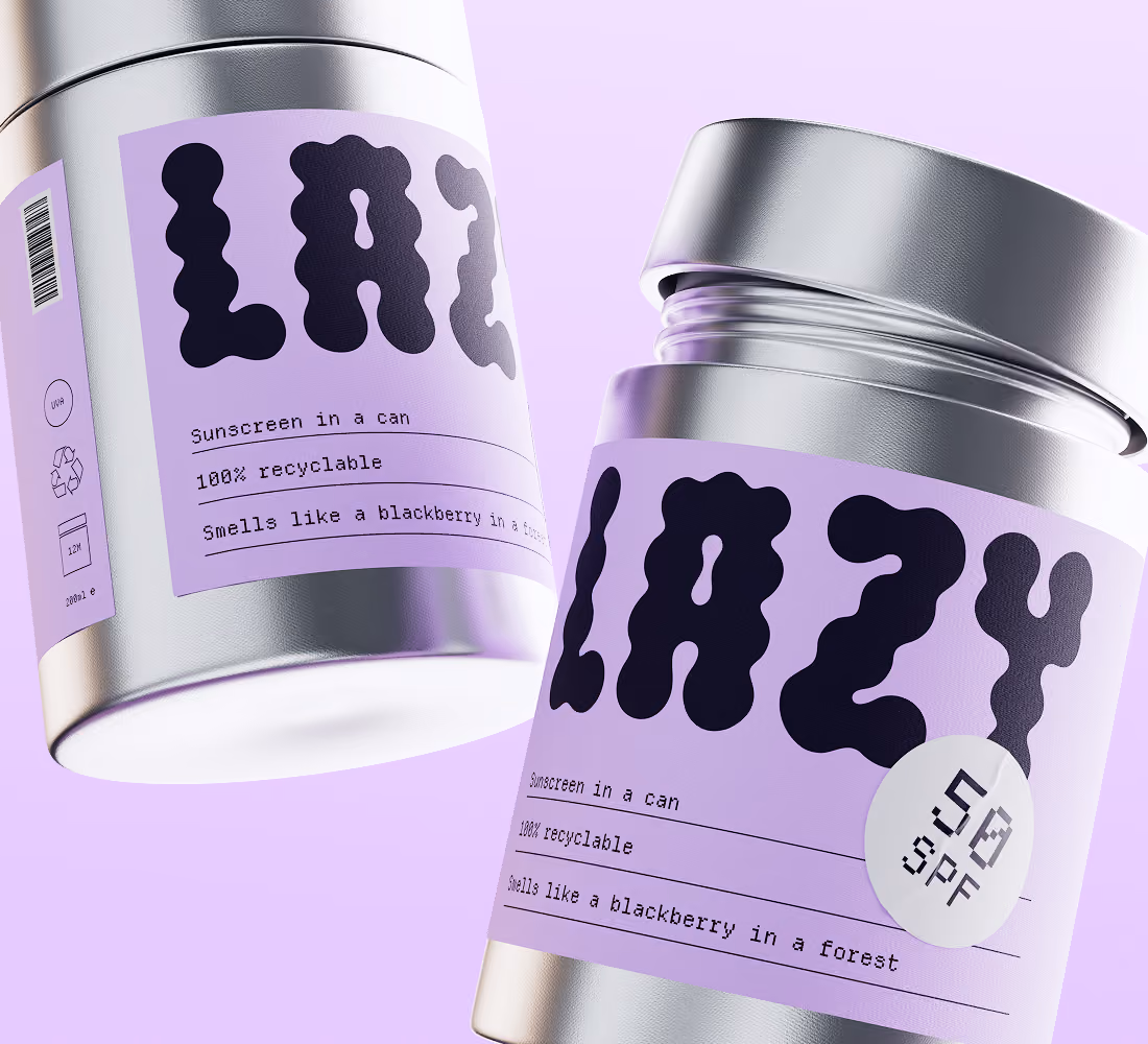 A LazyType Mockup showing two silver cans labeled LAZY sunscreen with SPF 50, 100% recyclable, blackberry scent on lavender background.