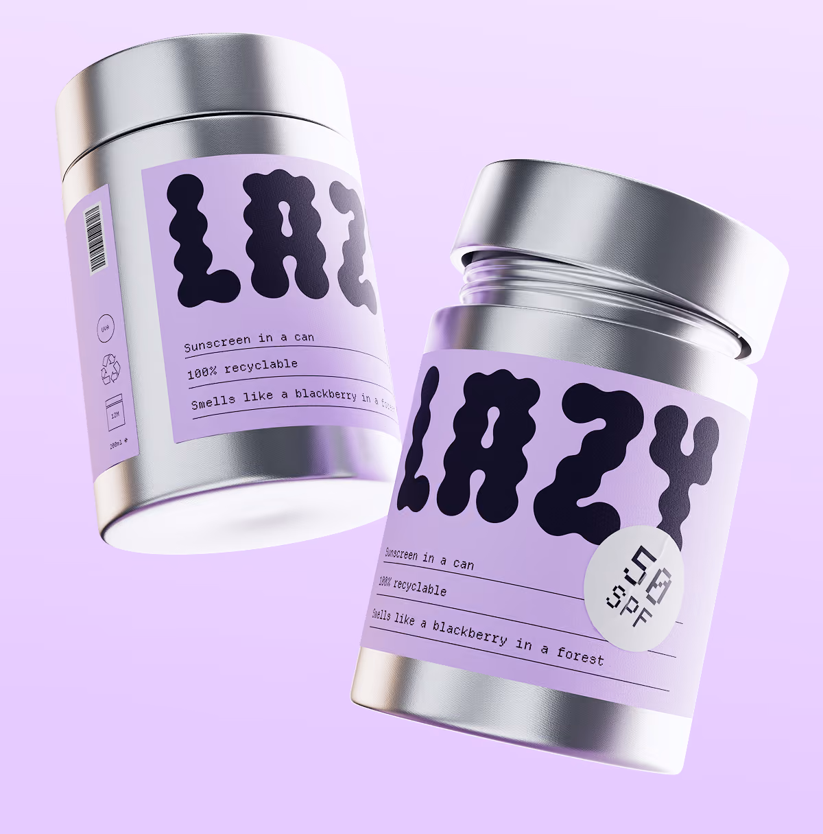 A LazyType Mockup showing two silver cans labeled LAZY sunscreen with SPF 50, 100% recyclable, blackberry scent on lavender background.