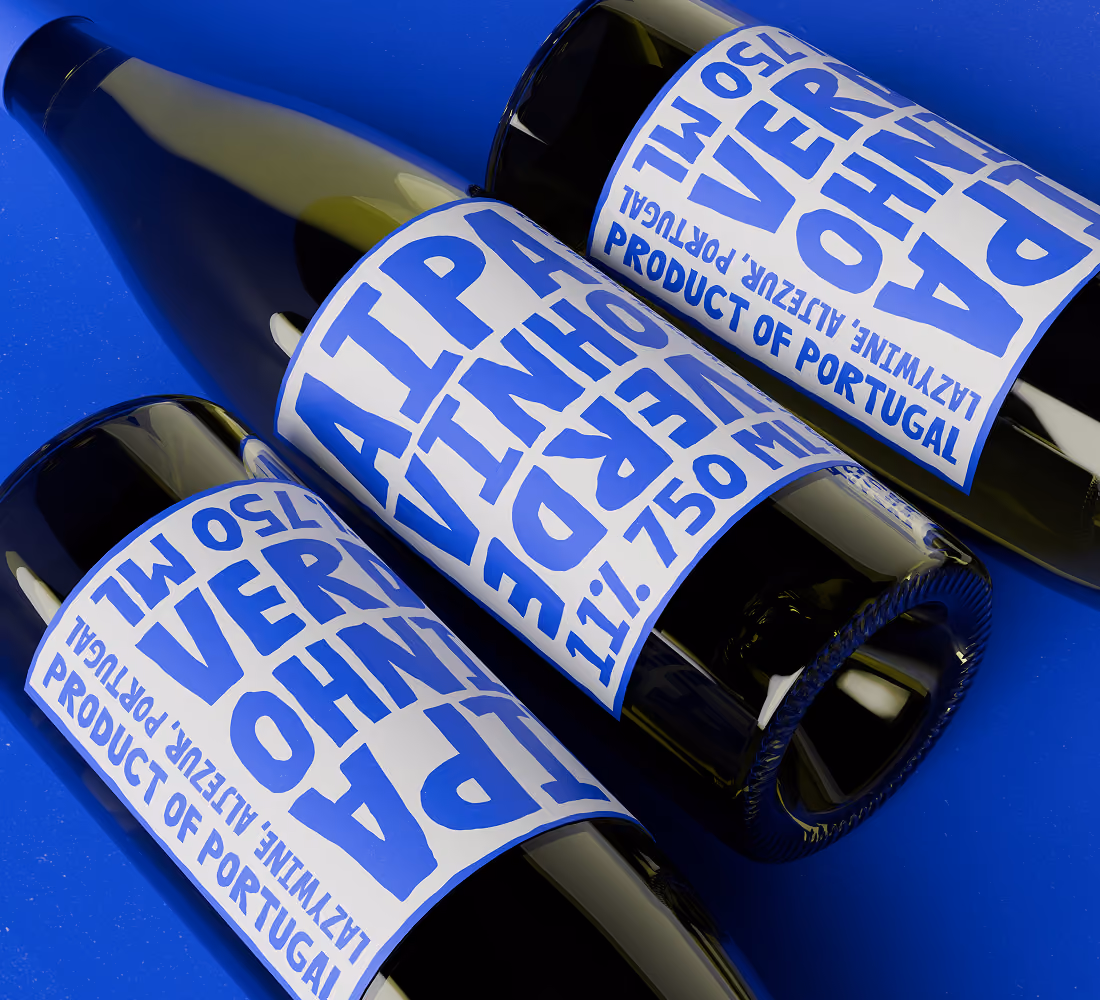 A LazyType Mockup showing a three bottles of green wine by LazyWine with bold blue labels that read 'AIPA VINHO VERDE' and 'Product of Portugal'.
