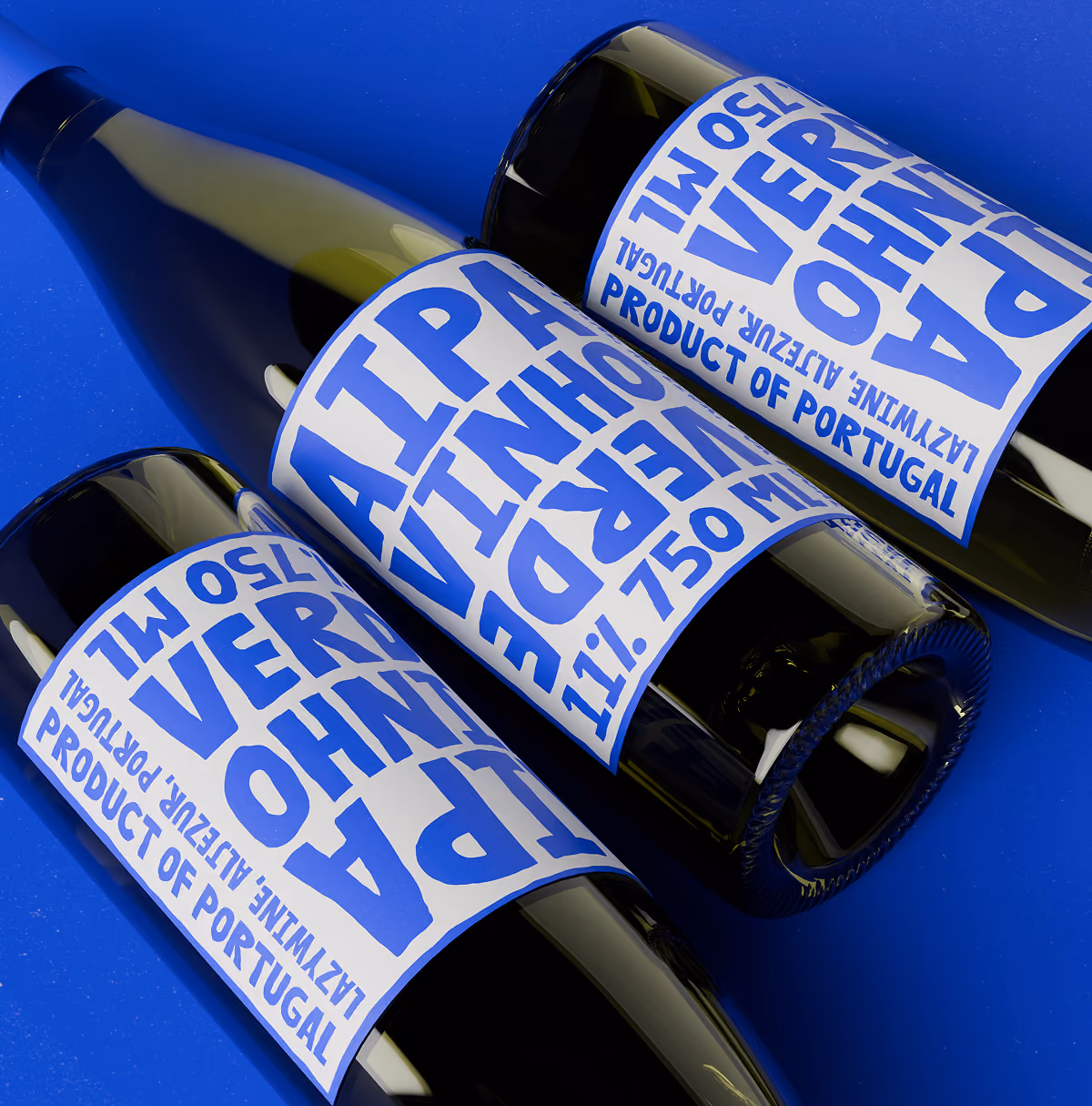A LazyType Mockup showing a three bottles of green wine by LazyWine with bold blue labels that read 'AIPA VINHO VERDE' and 'Product of Portugal'.