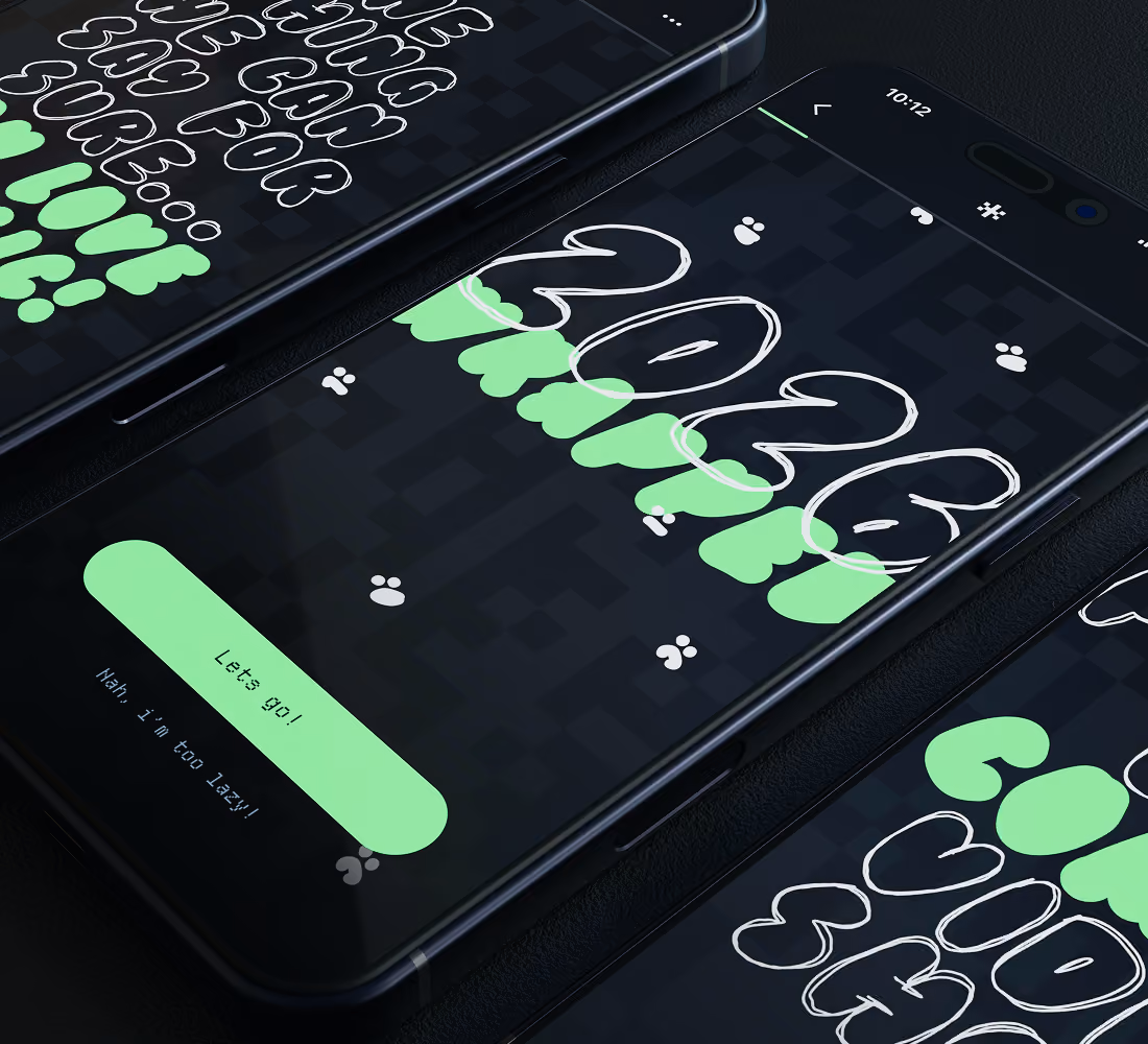 A LazyType Mockup showing smartphones displaying a dark-themed app with large white and green text reading 2026 Wrapped and a green button that says Let's go!
