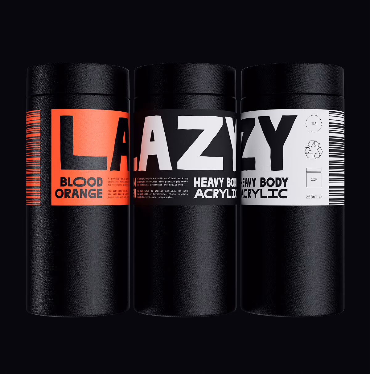 A LazyType Mockup showing three black cylindrical paint containers labeled 'LAZY' and 'Heavy Body Acrylic' text on them.