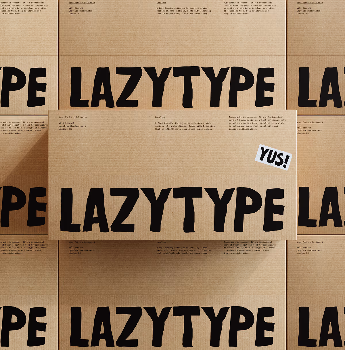 A LazyType Mockup showing cardboard boxes with bold LAZYTYPE text and descriptions about typography..