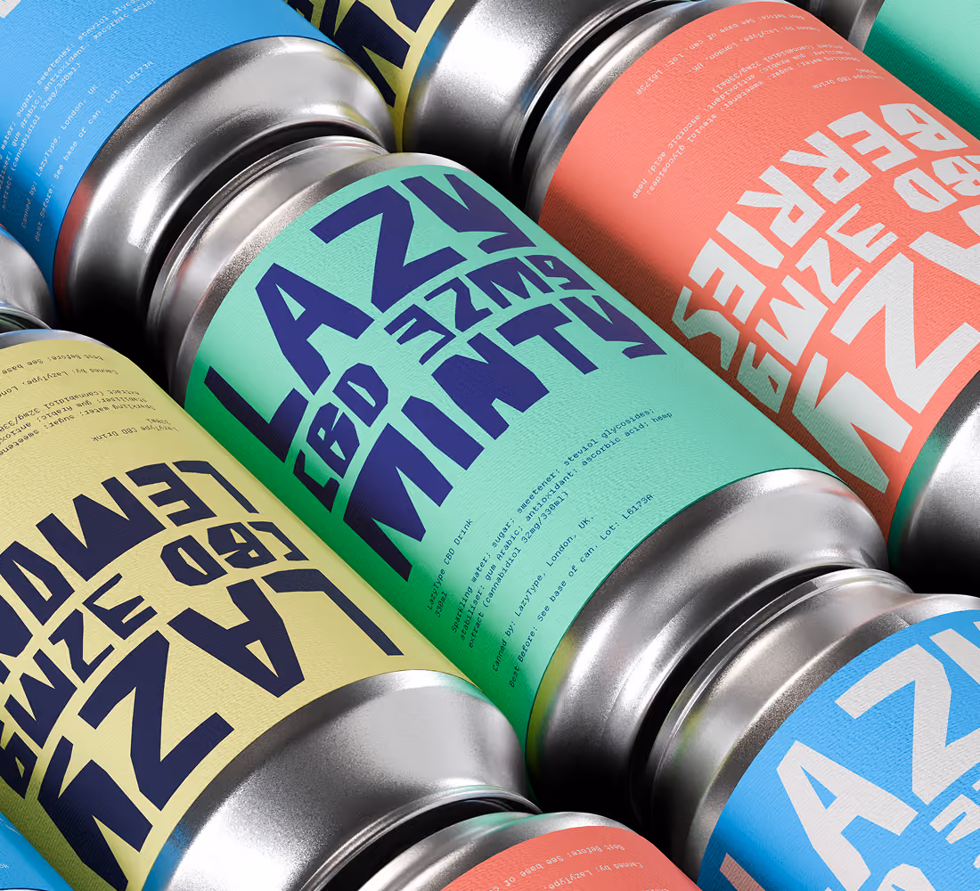 A LazyType Mockup showing a close-up of colorful cans labeled with bold text Lazy CBD beverage in various colors.