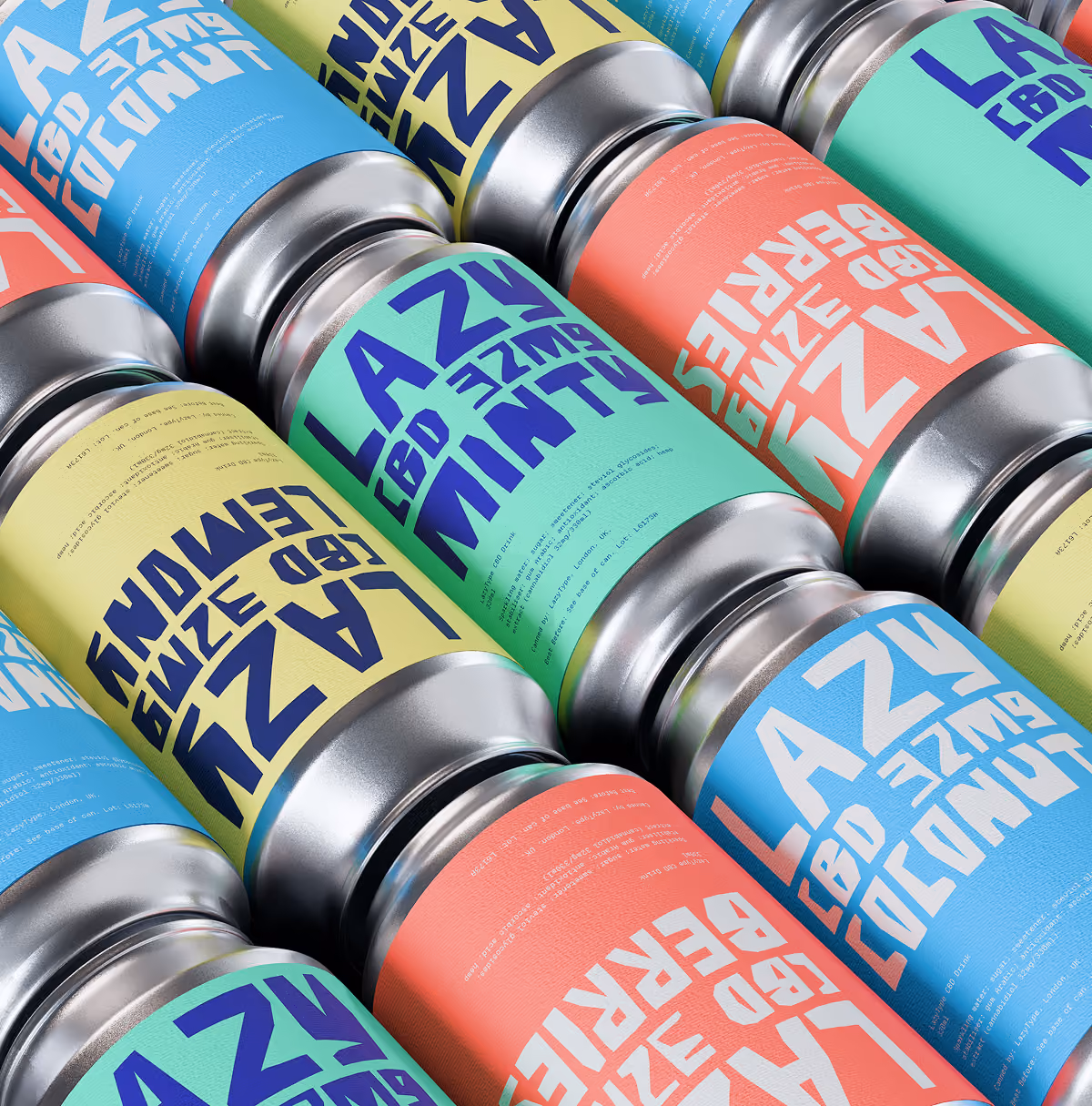 A LazyType Mockup showing colorful cans labeled with bold text Lazy CBD beverage in various colors.