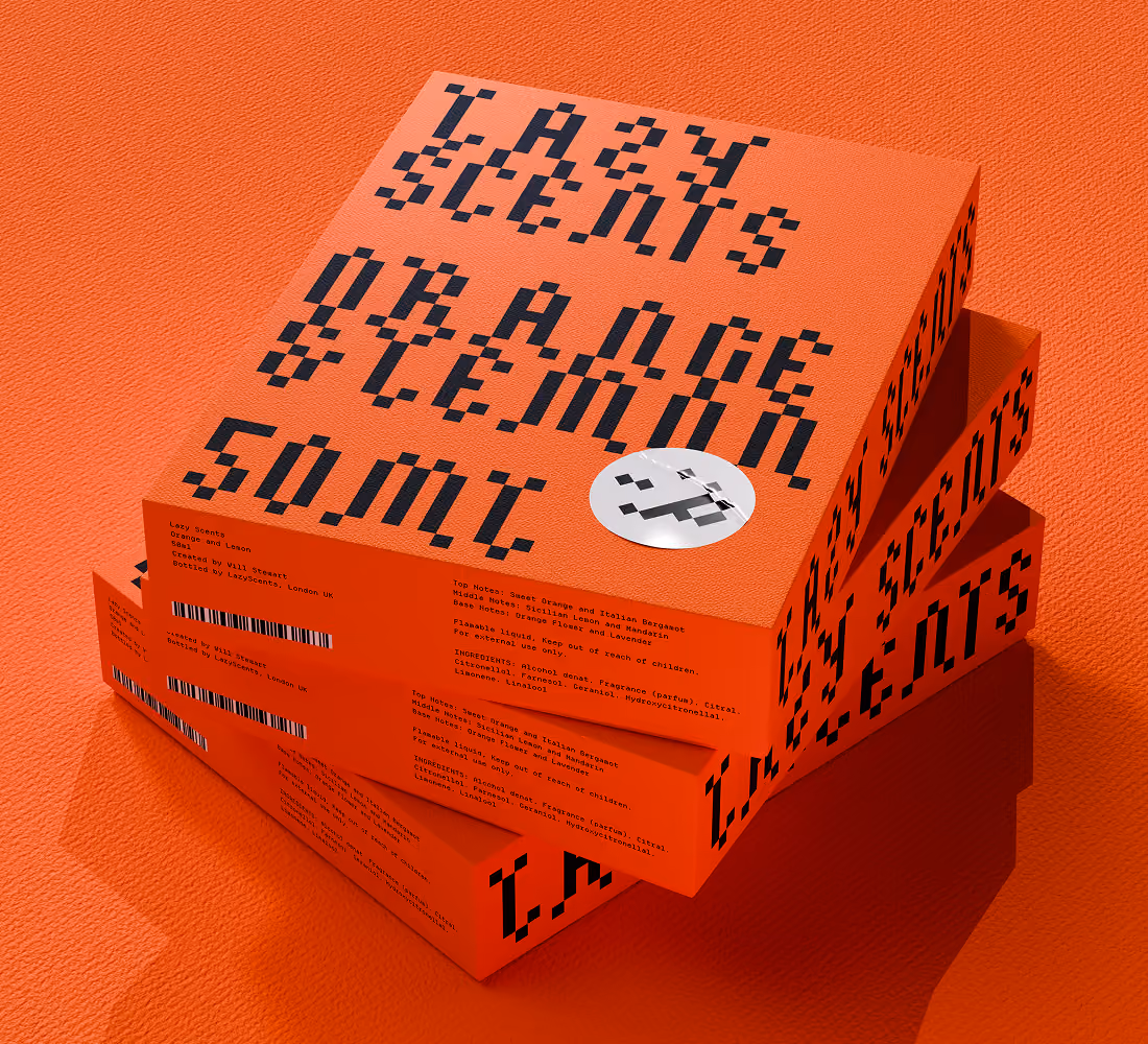 A LazyType Mockup showing a stack of bright orange boxes labeled Lazy Scents Orange & Lemon with product info and barcode.