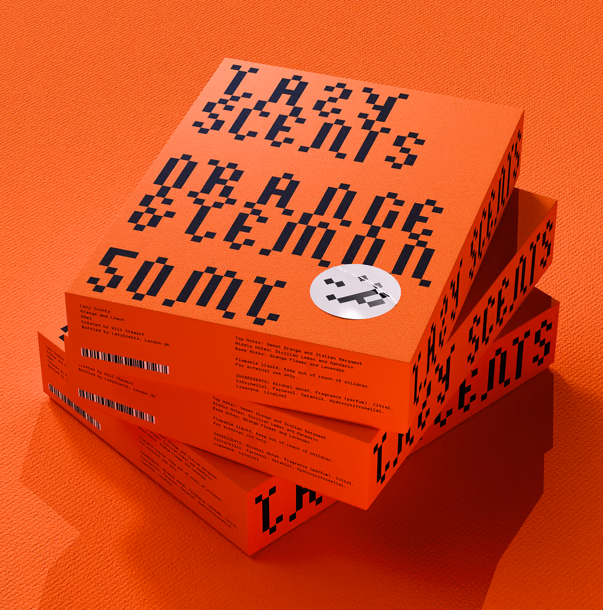 A LazyType Mockup showing a stack of bright orange boxes labeled Lazy Scents Orange & Lemon with product info and barcode.