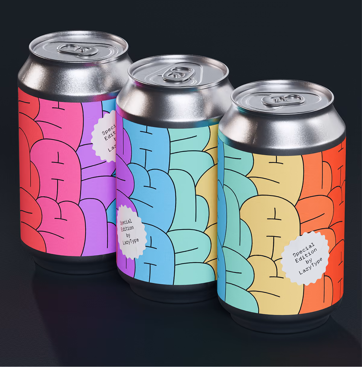 A LazyType Mockup showing three beer cans with colourful overlapping letters and labels reading LazyBeer Special Edition.