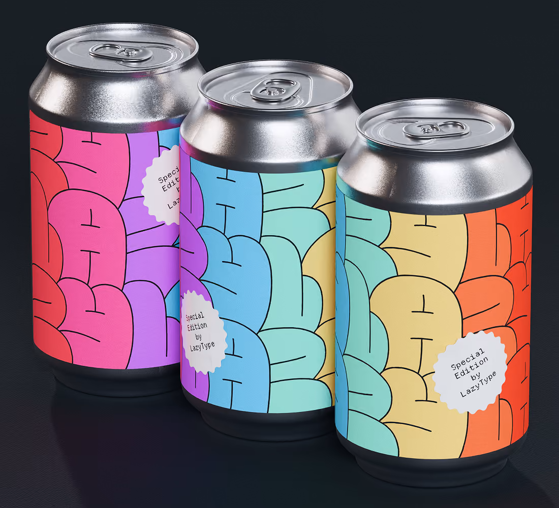 A LazyType Mockup showing three beer cans with colourful overlapping letters and labels reading LazyBeer Special Edition.