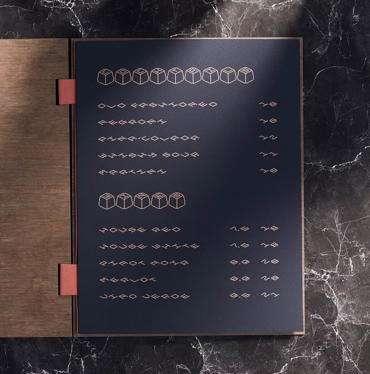 A LazyType Mockup showing an open cocktail menu with a wooden cover on a black marble surface with pixel type in bronze on dusty purple paper.
