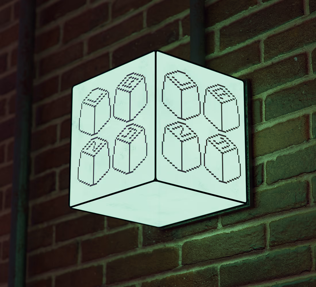 A LazyType Mockup showing a glowing cube-shaped sign on a brick wall with pixel art saying LAZY.