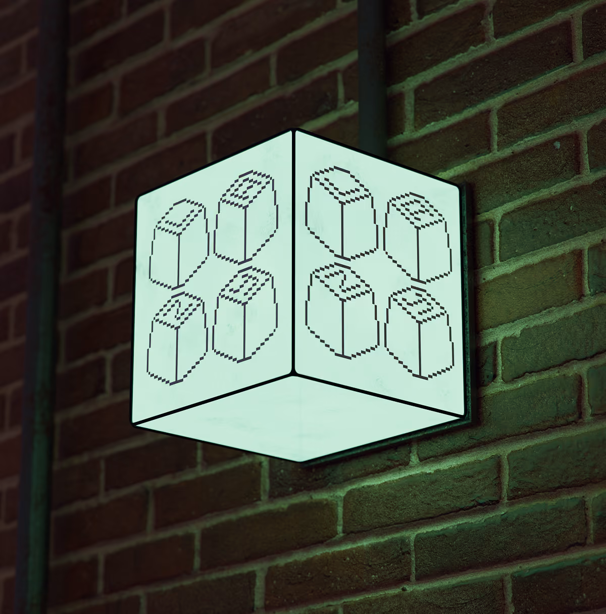 A LazyType Mockup showing a glowing cube-shaped sign on a brick wall with pixel art saying LAZY.