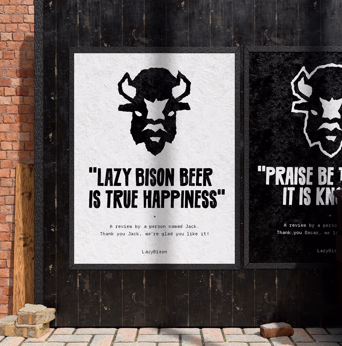 A LazyType Mockup showing a poster of a bison head with text: 'LAZY BISON BEER IS TRUE HAPPINESS' as a review by a person named Jack.