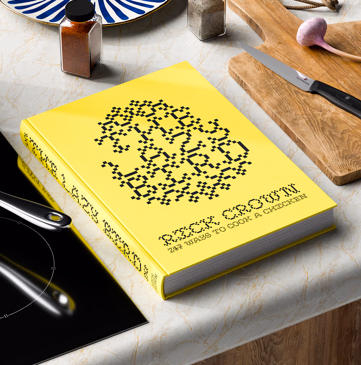 A LazyType Mockup showing a yellow cookbook titled 'The Lazy Bird: 24 Ways to Cook a Chicken by Rick Crown' on a marble kitchen surface.