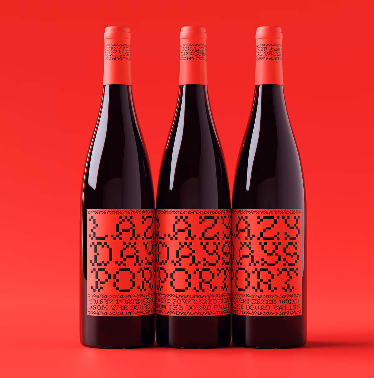 A LazyType Mockup showing three wine bottles with red labels with pixel type text against a red background.