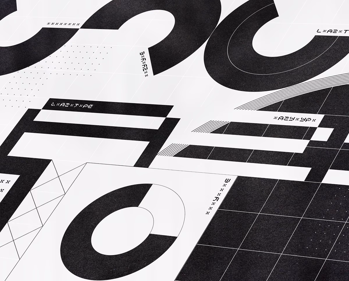 A LazyType Mockup showing an abstract black and white UI with geometric shapes and stylised text elements on a white background.