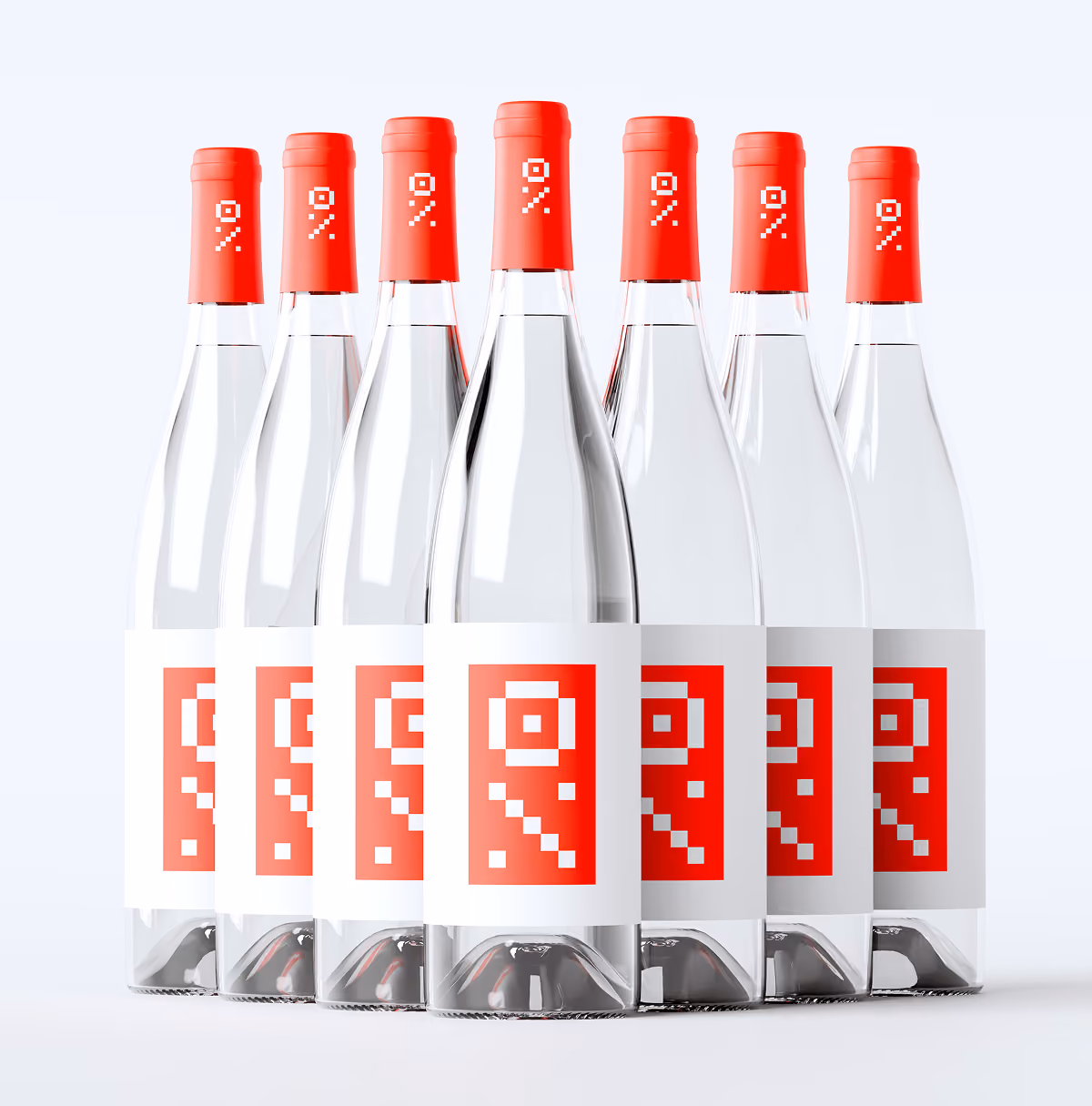 A LazyType Mockup showing seven clear glass bottles with red caps and pixelated red and white labels arranged in a triangle.