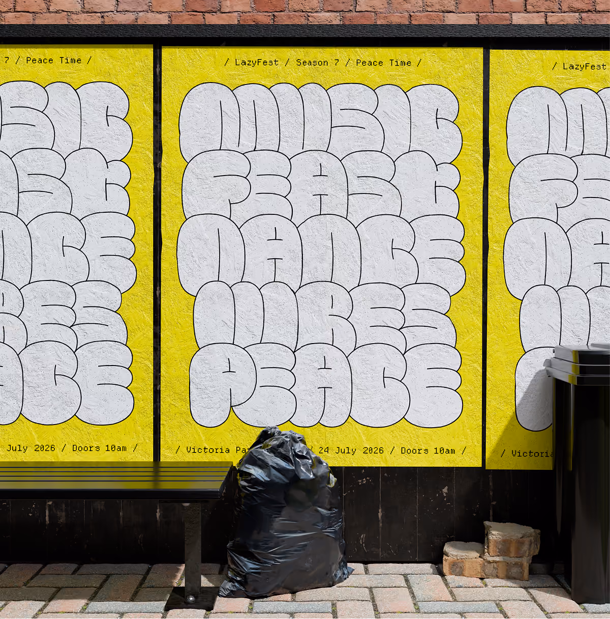A LazyType Mockup showing a bus stop with yellow posters reading 'Music Feast, Dance, Vibes, Peace' and a black garbage bag on the ground.
