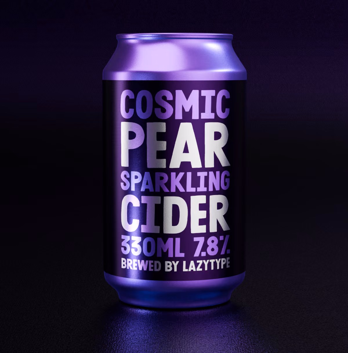 A LazyType Mockup showing a shiny purple can of pear cider labeled Cosmic Pear Sparkling Cider 330ml 7.8% Brewed by LazyType.