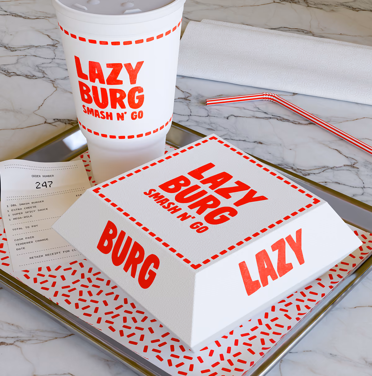 A LazyType Mockup showing a fast food tray with Lazy Burg burger box, large drink cup, receipt, and red-striped straw on marble.