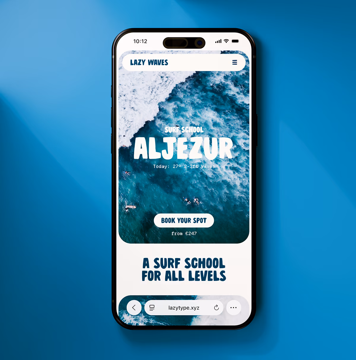 A LazyType Mockup with an iPhone showing a Lazy Waves surf school website with ocean waves and booking button.