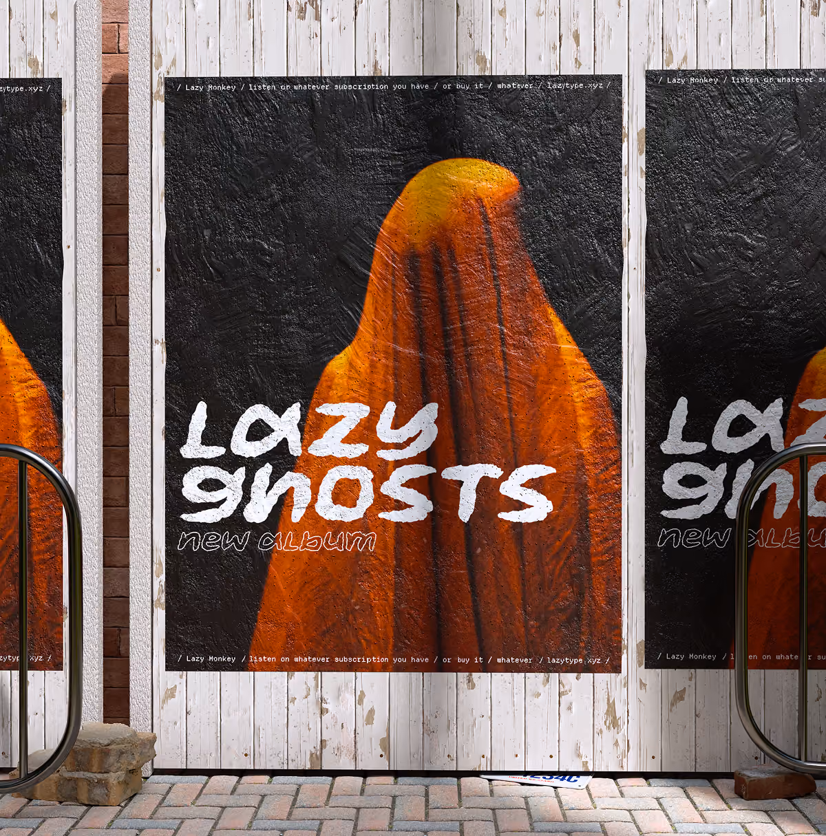 A LazyType Mockup with a poster for new album Lazy Ghosts with an orange ghost figure on a black background on an old white wooden wall.