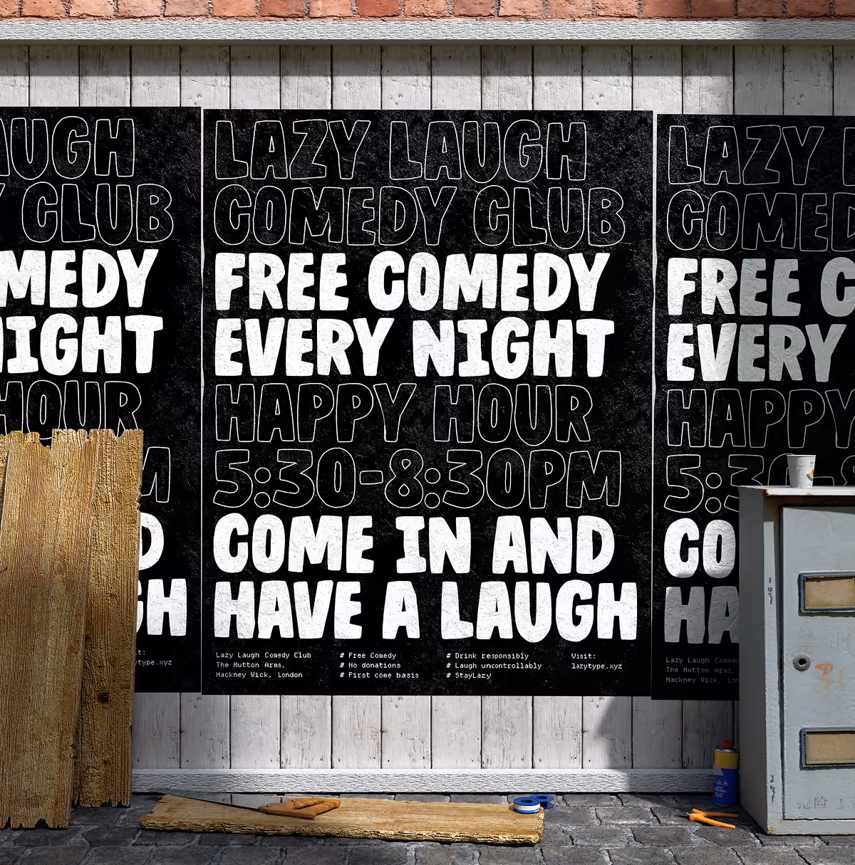 A LazyType Mockup with a black poster on white wood announces Lazy Laugh Comedy Club free comedy every night and happy hour 5:30-8:30pm.