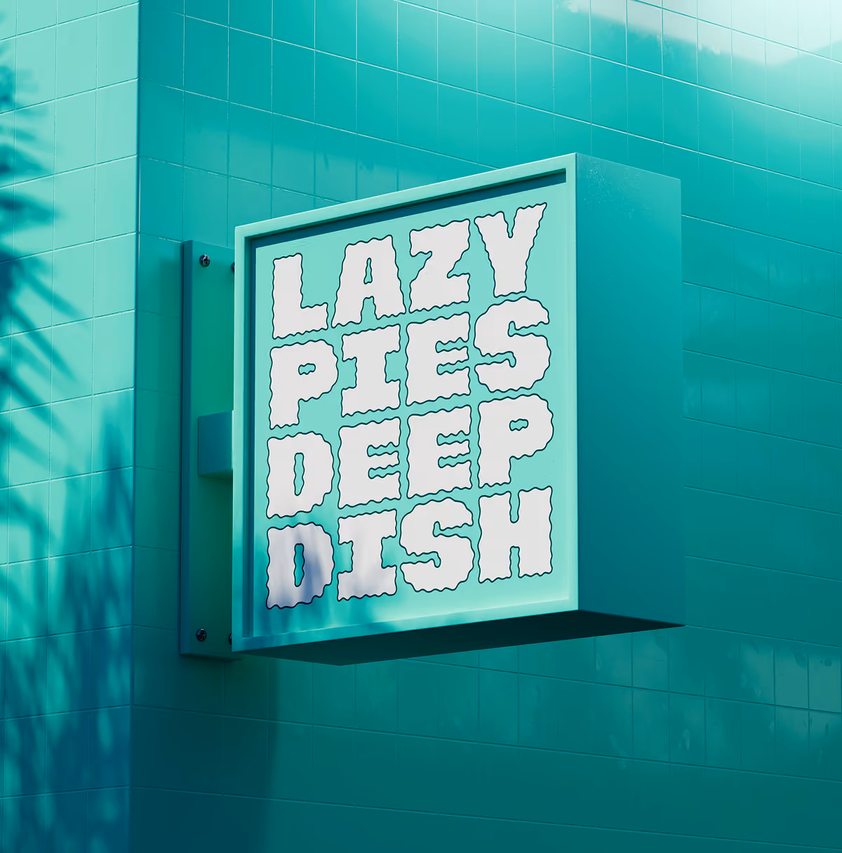 A LazyType Mockup with a turquoise wall with a sign reading LAZY PIES DEEP DISH in white wavy letters.