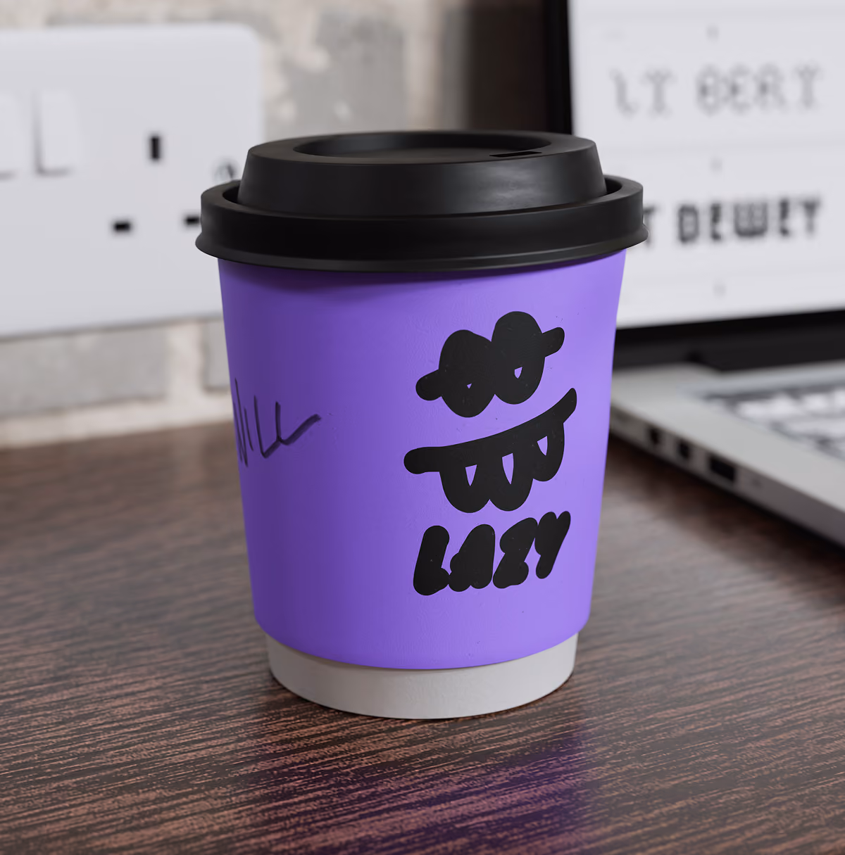 A LazyType Mockup with a purple coffee cup with black lid and a playful face drawing and the word LAZY on a desk.