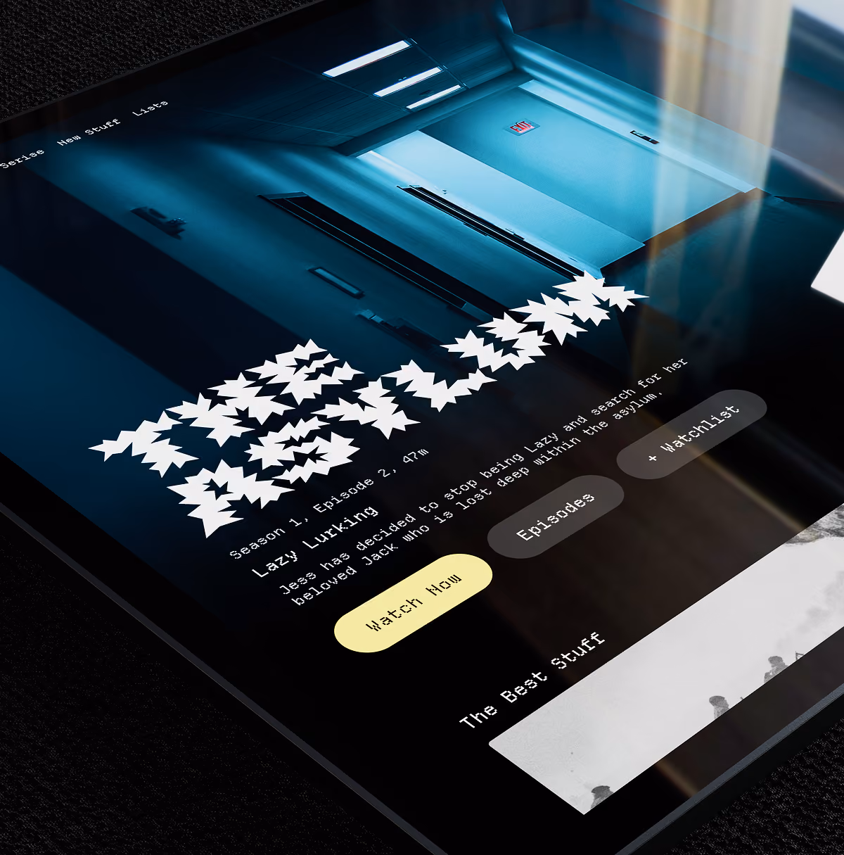 A LazyType Mockup with an iPad showing a show called The Asylum with a spiky font with episode details, description, and watch buttons.