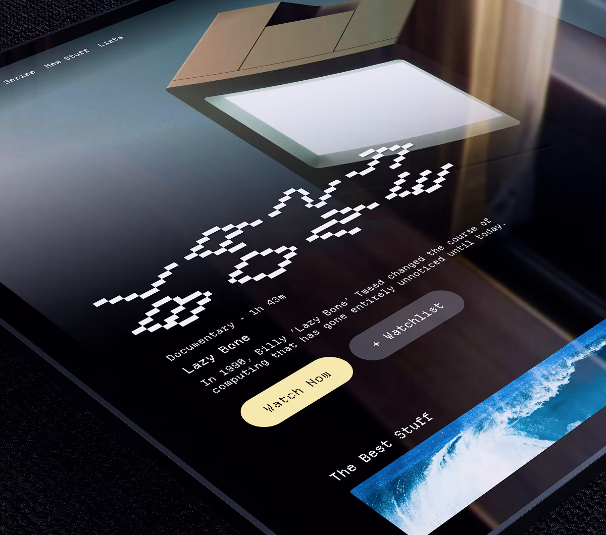 A LazyType Mockup with an iPad showing a documentary called Lazy Bone in a slanted pixel font with description, and watch buttons.