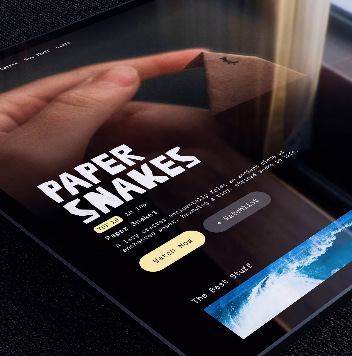 A LazyType Mockup with an iPad showing a film called Paper Snakes in a cutout paper font with description, and watch buttons.
