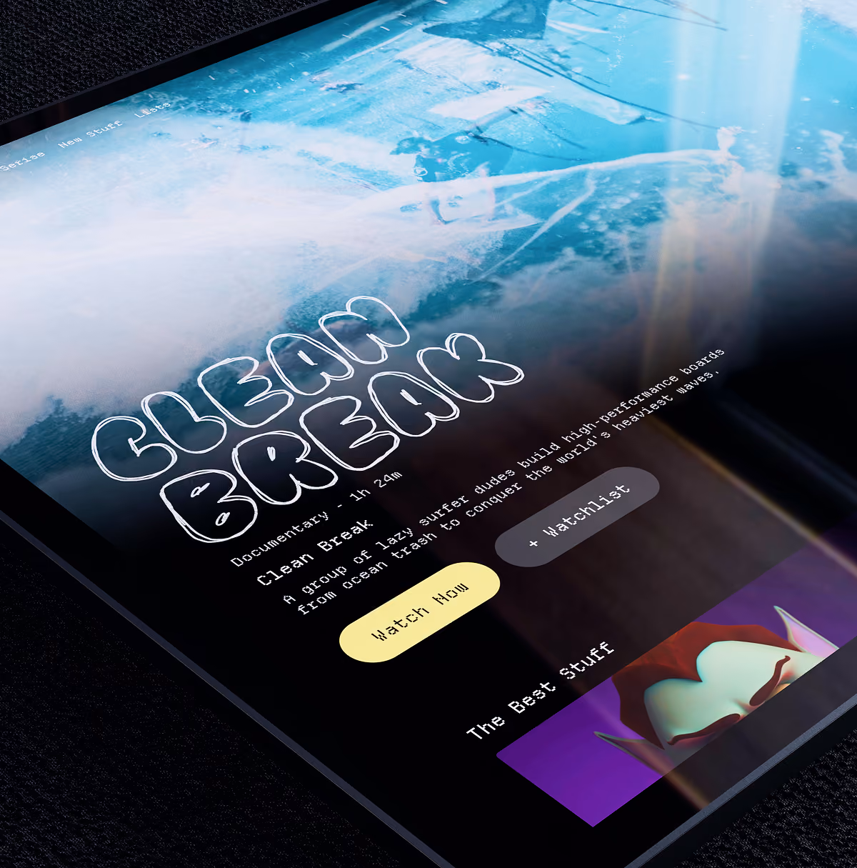 A LazyType Mockup with an iPad showing a documentary called Clean Break in a scribble bubble font with description, and watch buttons.