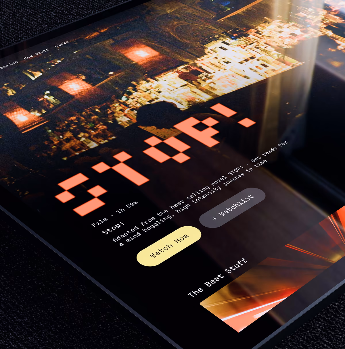 A LazyType Mockup with an iPad showing a film called STOP! in a bold pixel font with description, and watch buttons.