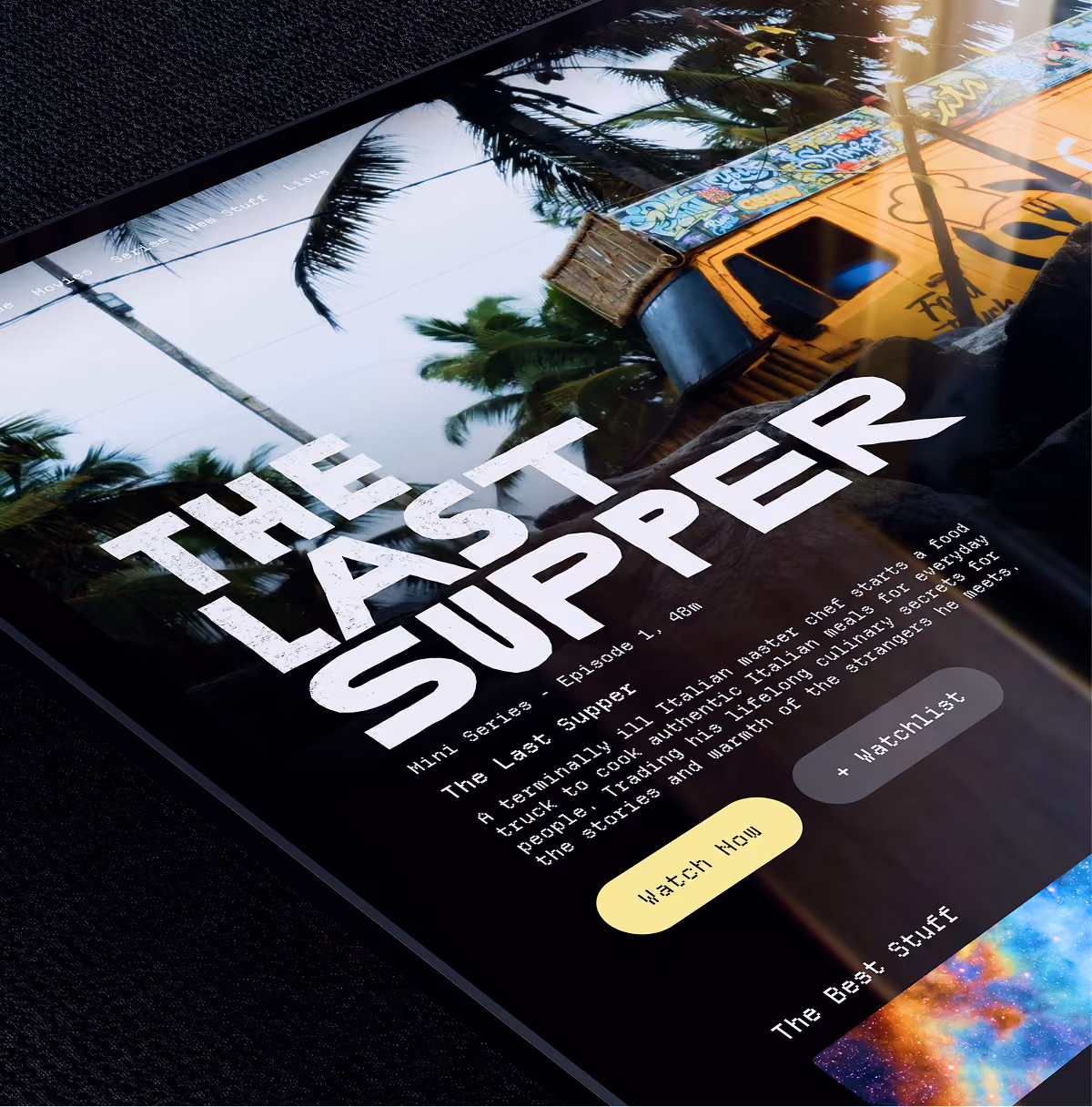 A LazyType Mockup with an iPad showing a mini series called The Last Supper in a hand made font with description, and watch buttons.