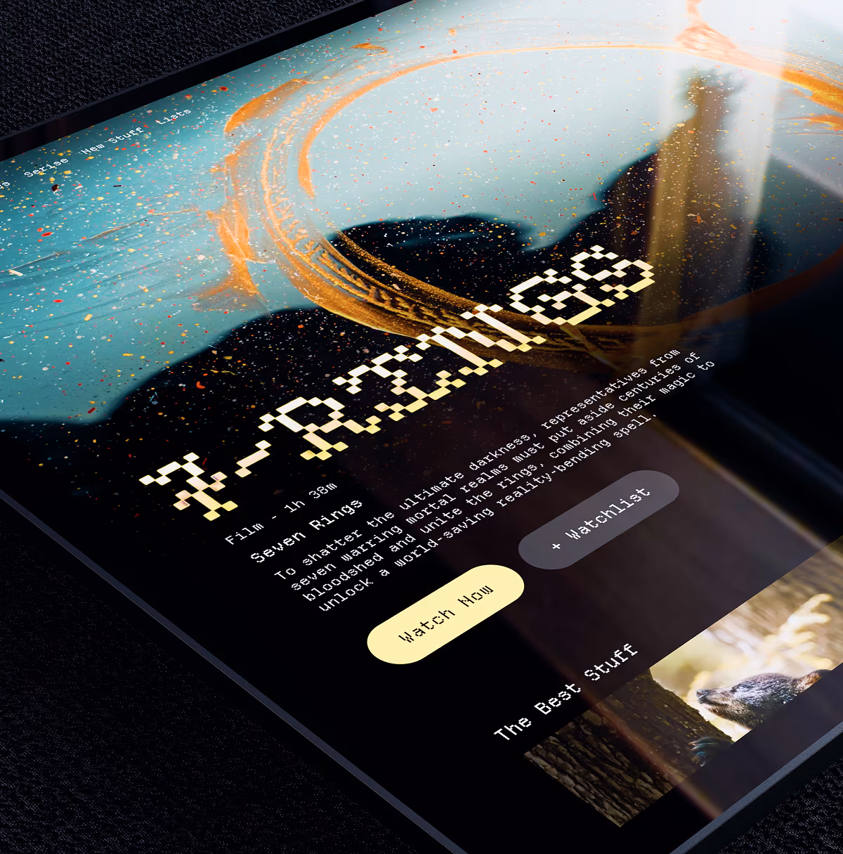 A LazyType Mockup with an iPad showing a film called Seven Rings in a decorative pixel font with description, and watch buttons.