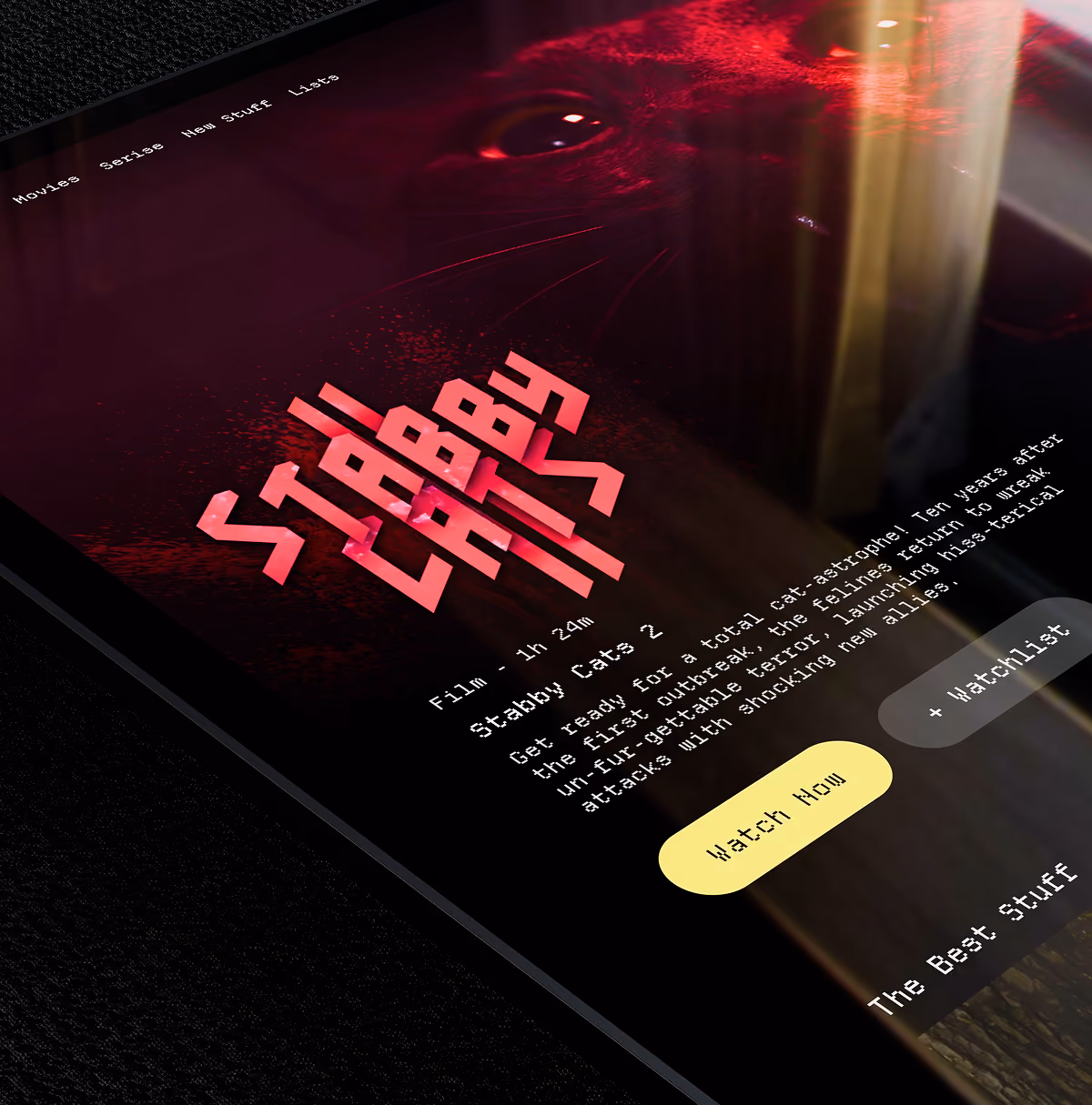 A LazyType Mockup with an iPad showing a film called Stabby Cats 2 in a scary angled sharp font with description, and watch buttons.