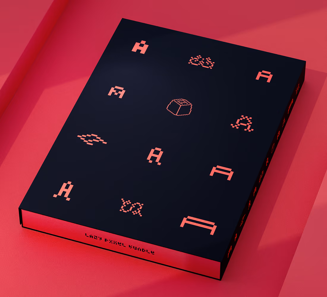 A LazyType mockup showing a black book with red pixel glyphs on a red surface.
