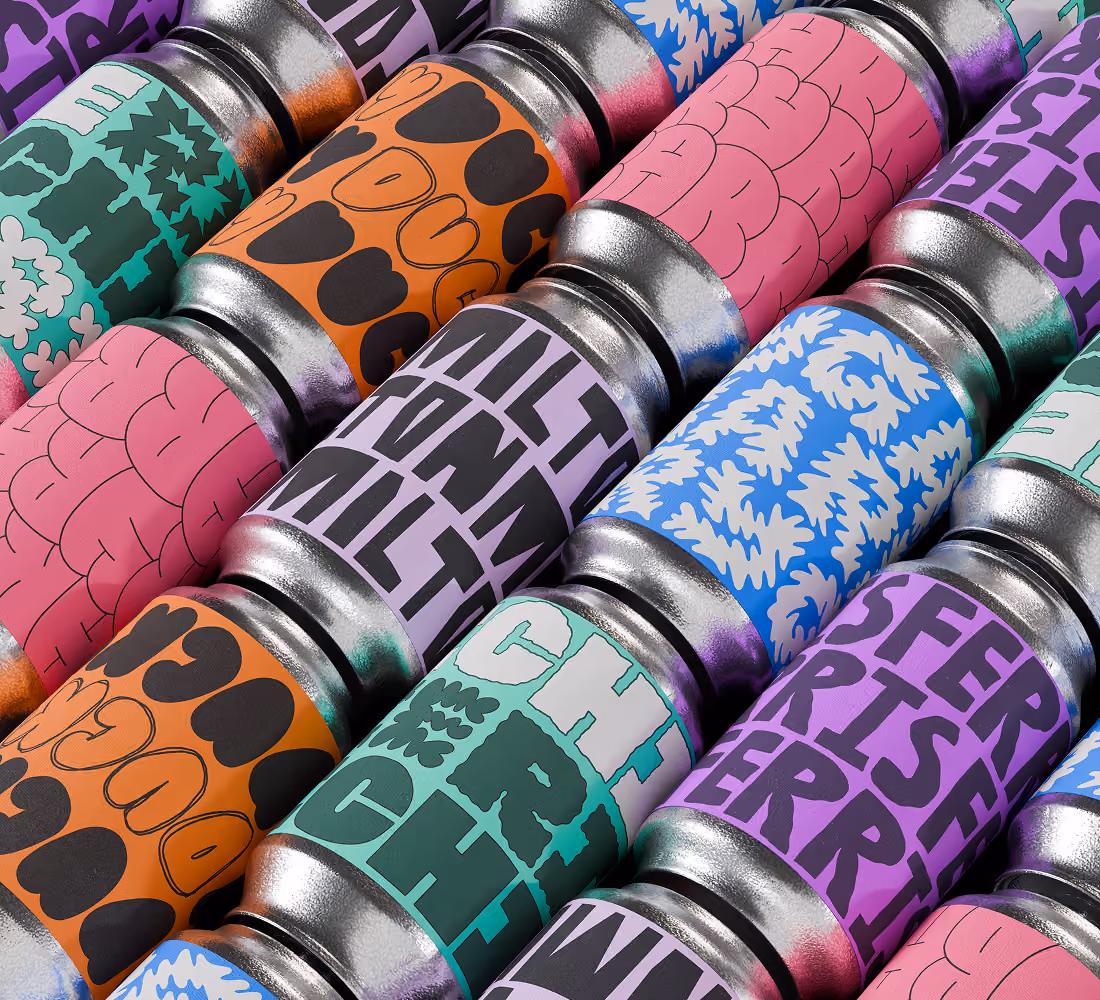 A LazyType mockup showing a close-up of load of cans with LazyType Font designs.