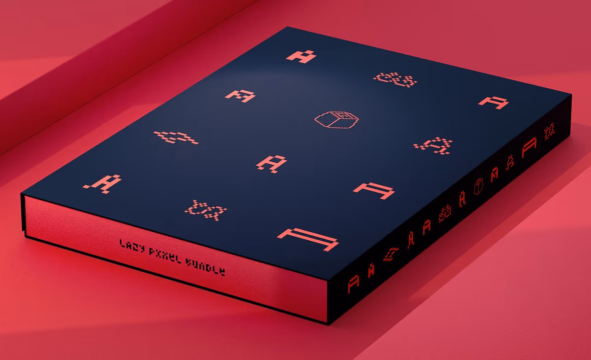 A LazyType mockup showing a black book with red pixel glyphs on a red surface.