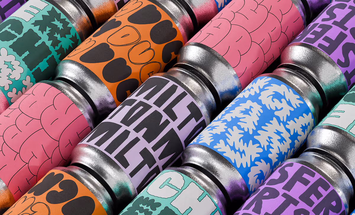 A LazyType mockup showing a close-up of load of cans with LazyType Font designs.