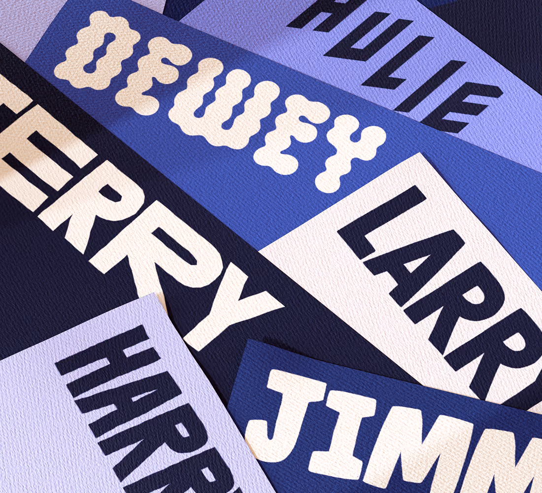A LazyType mockup showing a close-up of different bold fonts on various cards with different shades of blue.