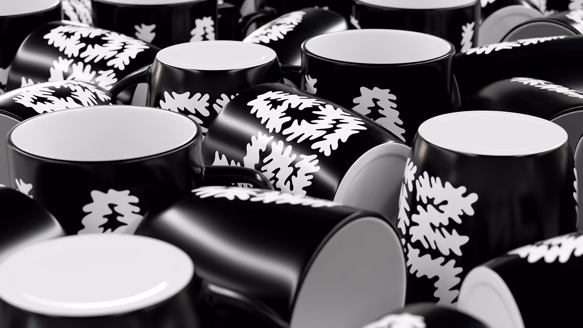 Loads of LazyType black mugs with white text stacked and rotated in various directions.