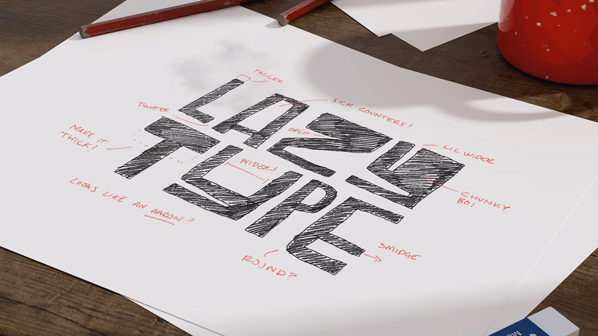Sketch of a custom font spelling LAZY TYPE with red handwritten notes on white paper.