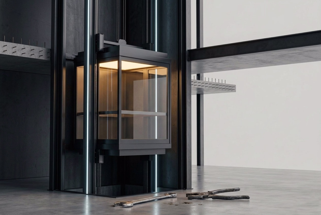 A modern looking elevator going down in a construction of a building