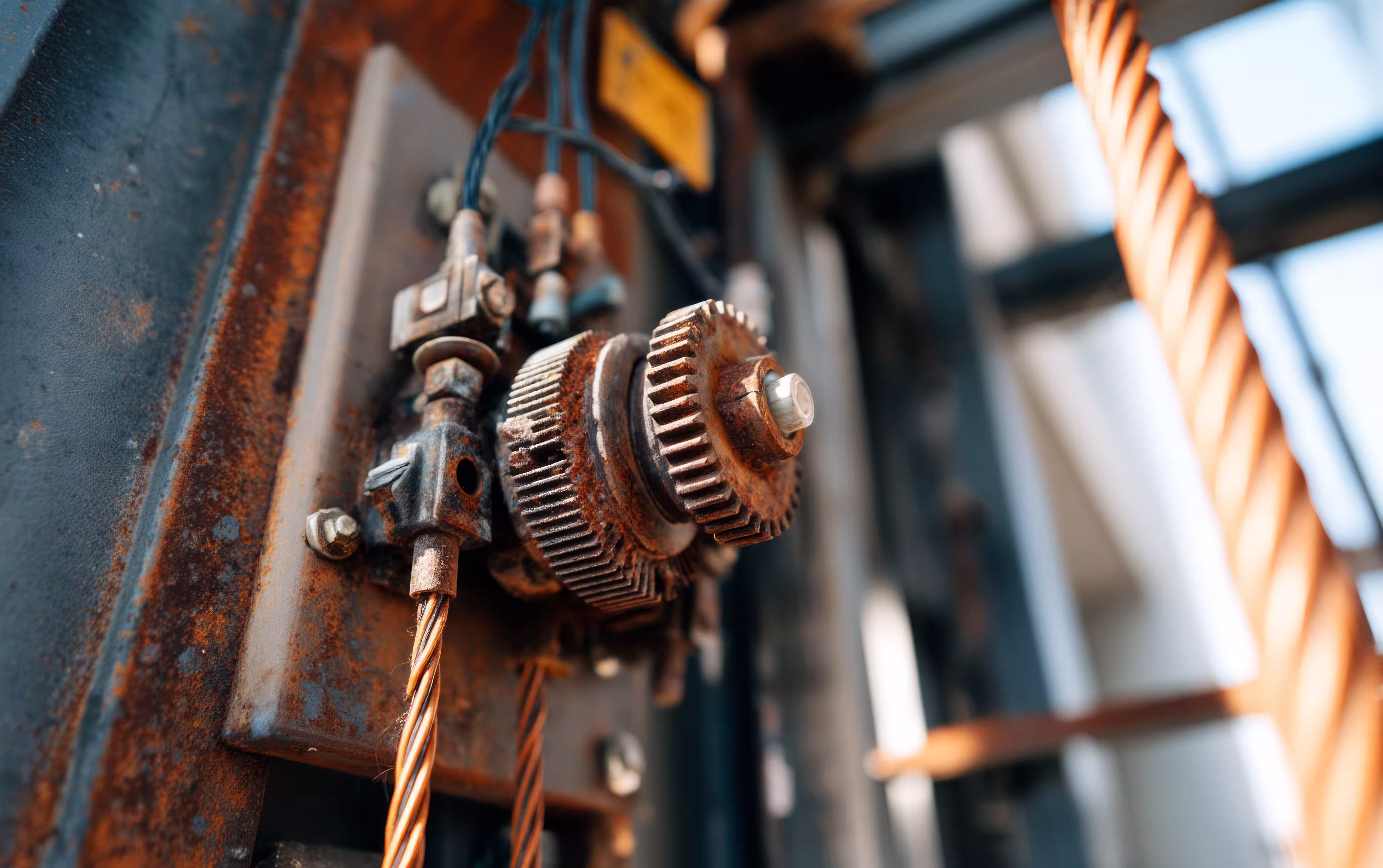 a really rusted and worn down part for a elevator system