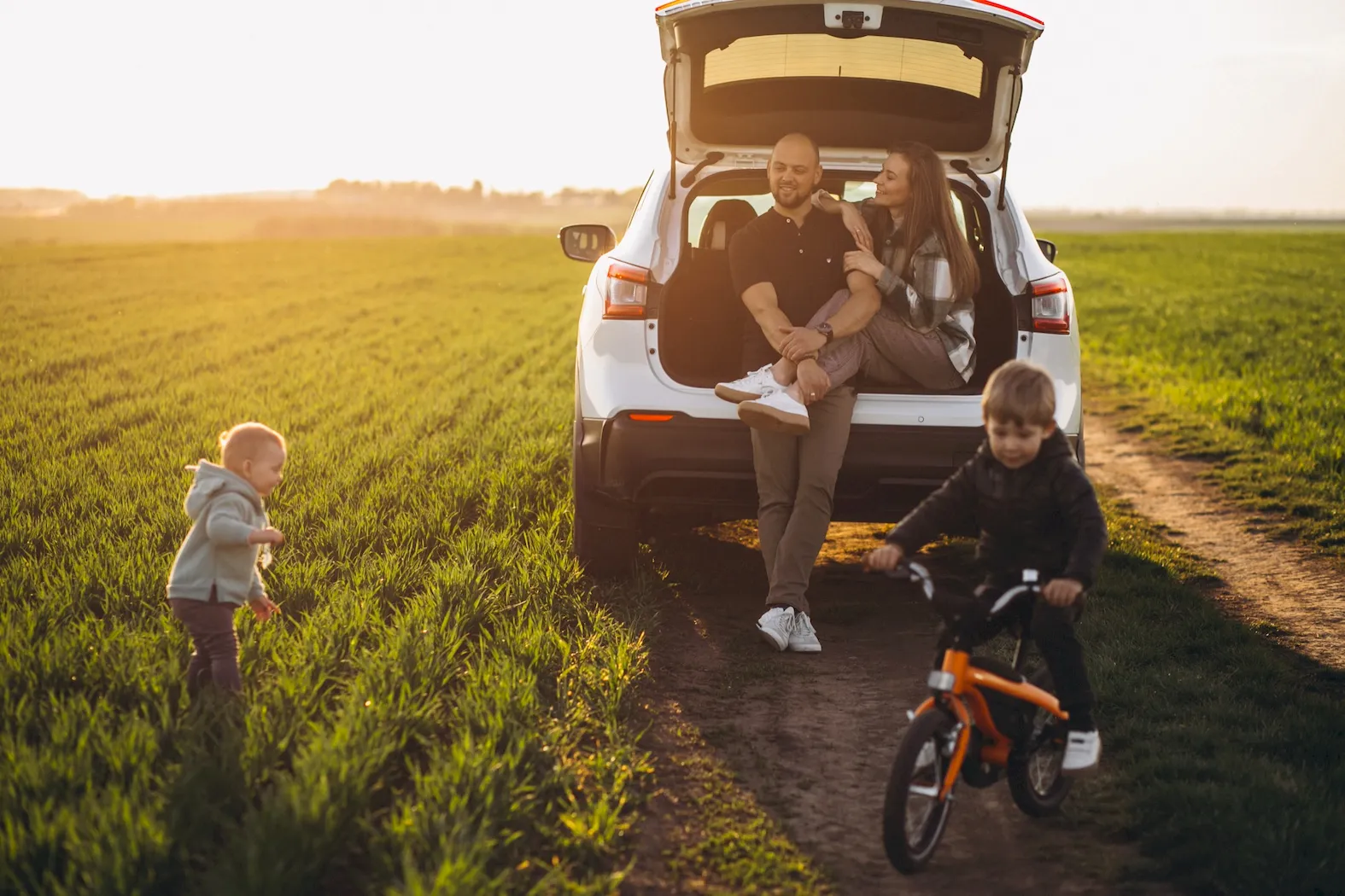 Family driving together on a highway