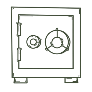 Dessin simple d'un coffre-fort carré avec deux charnières sur la gauche et un mécanisme de verrouillage circulaire sur la porte.